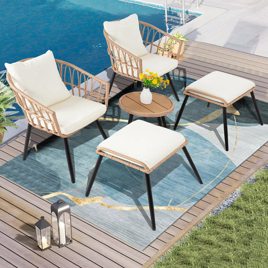 5 Piece Patio Furniture Set Wicker All-Weather PE Rattan Chairs with Ottoman & Coffee Ta