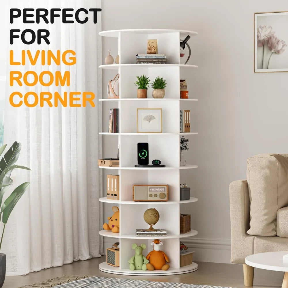 7-Tier Rotating Shoe Rack Tower, 360° Spinning Organizer for Shoes & Bags, White Storage Carousel