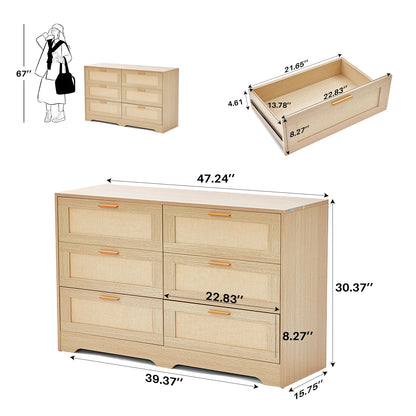 47.24" Rattan Dresser 6 Drawers Wood Storage Closet w/ Golden Handles