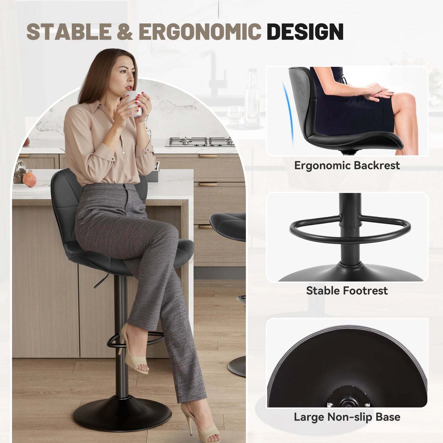 2 Pcs Bar Chair, 360 ° Rotation Adjustable Height, Faux Leather Upholstered with Backrest