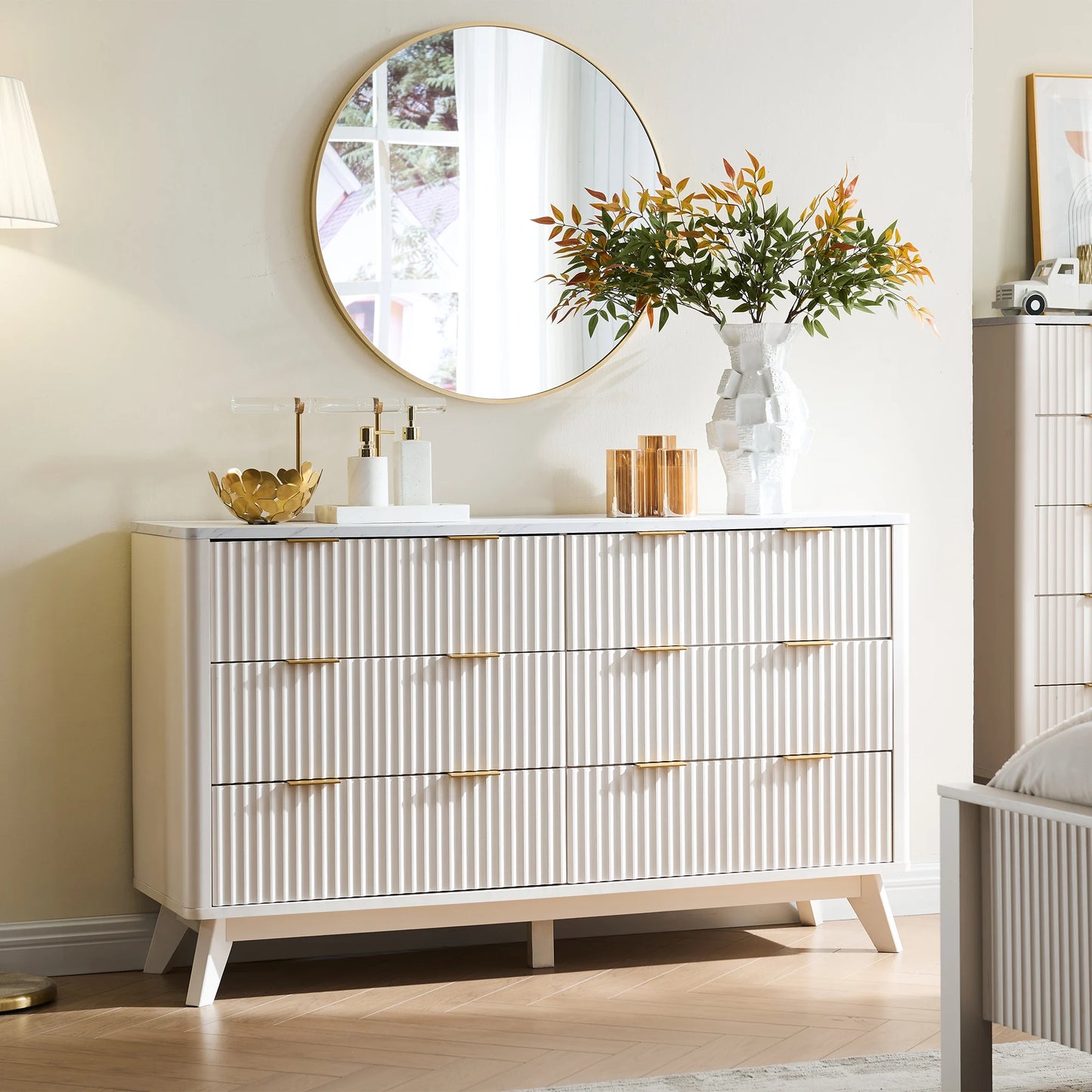 Fluted 6 Drawers Dresser, 54" Wide Modern Chest Faux Marble Top
