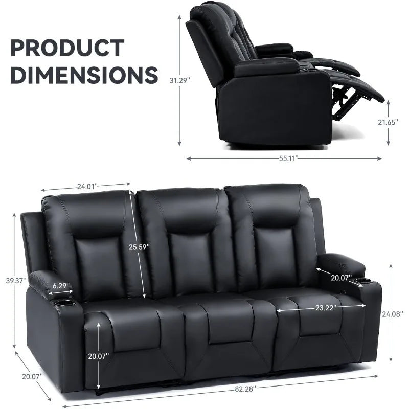 Living Room Furniture Set,Bonded Leather Loveseat Sofa with Cup Holder Recliner Chair,3+2,Black