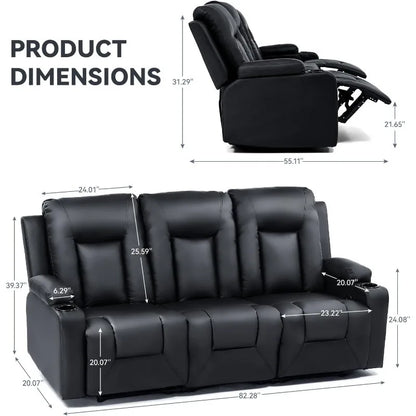 Living Room Furniture Set,Bonded Leather Loveseat Sofa with Cup Holder Recliner Chair,3+2,Black