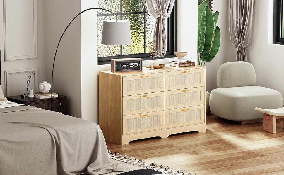 47.24" Rattan Dresser 6 Drawers Wood Storage Closet w/ Golden Handles