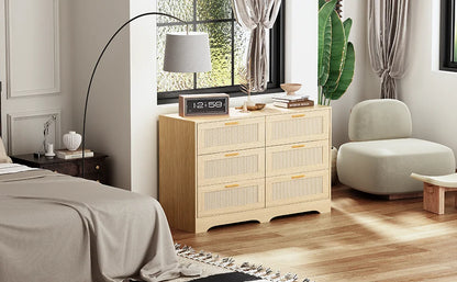 47.24" Rattan Dresser 6 Drawers Wood Storage Closet w/ Golden Handles