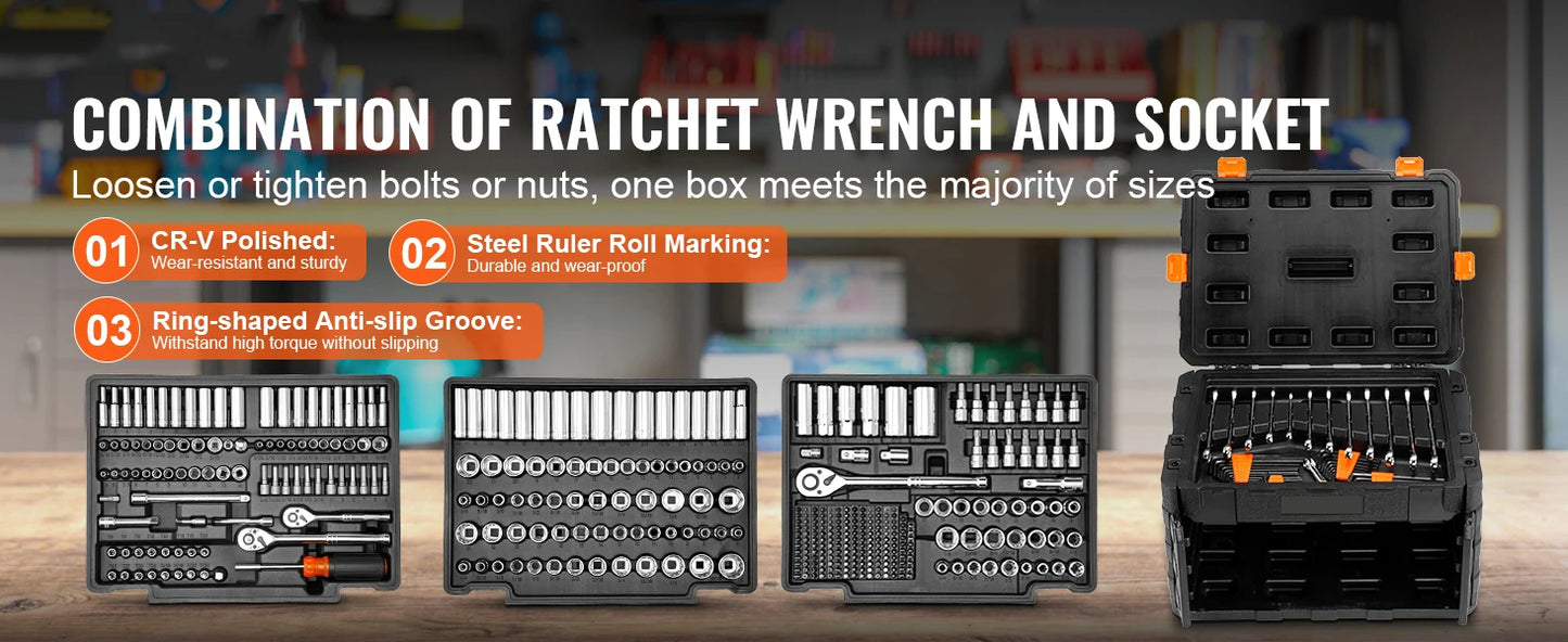 Mechanics Tool Set and Socket Set 1/4" 3/8" 1/2" Drive Deep Standard Sockets 450 Pcs SAE and Metric Mechanic Tool Kit