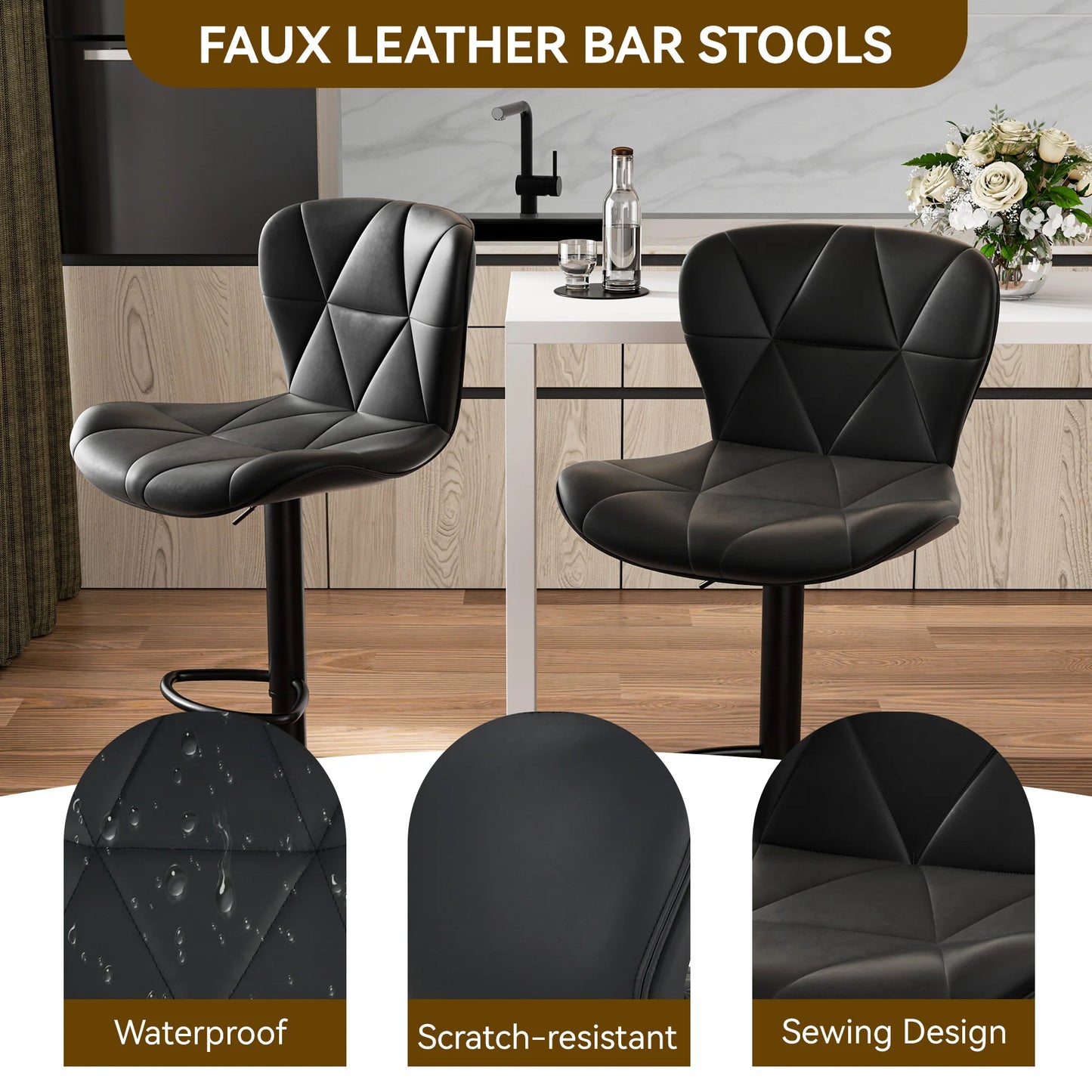2 Pcs Bar Chair, 360 ° Rotation Adjustable Height, Faux Leather Upholstered with Backrest