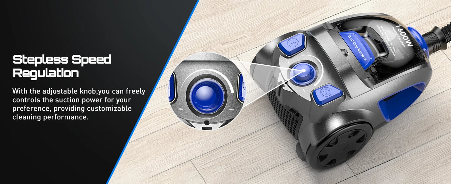 Canister Vacuum Cleaner, 1600W Powerful for Hard Floors, Carpets, Pet Hair