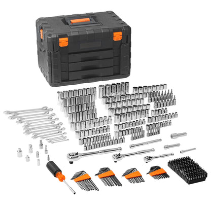 Mechanics Tool Set and Socket Set 1/4" 3/8" 1/2" Drive Deep Standard Sockets 450 Pcs SAE and Metric Mechanic Tool Kit