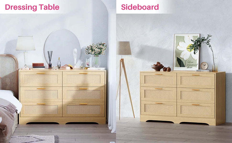 47.24" Rattan Dresser 6 Drawers Wood Storage Closet w/ Golden Handles