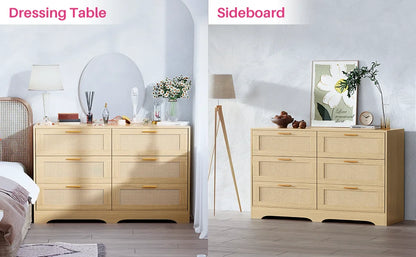 47.24" Rattan Dresser 6 Drawers Wood Storage Closet w/ Golden Handles