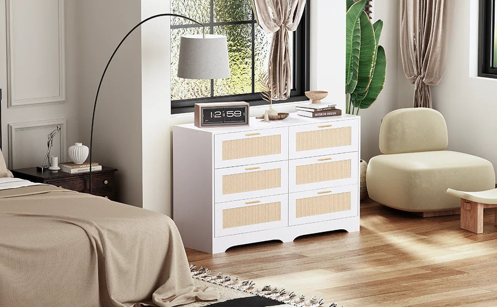 47.24" Rattan Dresser 6 Drawers Wood Storage Closet w/ Golden Handles