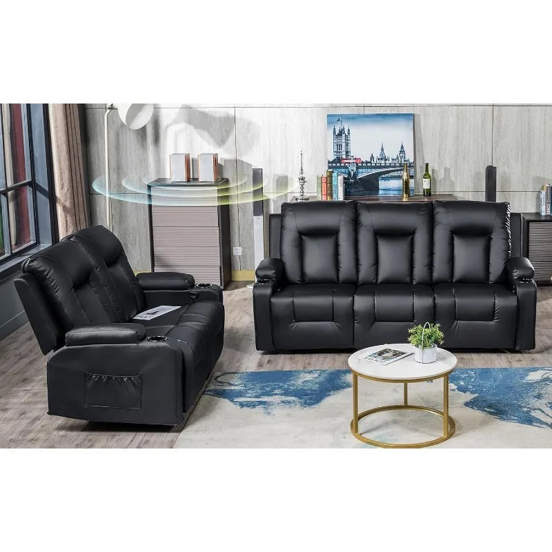 Living Room Furniture Set,Bonded Leather Loveseat Sofa with Cup Holder Recliner Chair,3+2,Black