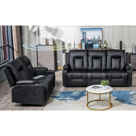 Living Room Furniture Set,Bonded Leather Loveseat Sofa with Cup Holder Recliner Chair,3+2,Black