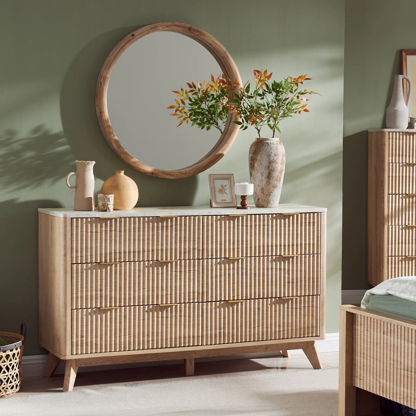 Fluted 6 Drawers Dresser, 54" Wide Modern Chest Faux Marble Top