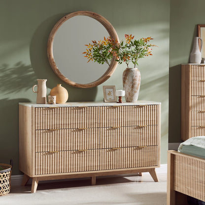 Fluted 6 Drawers Dresser, 54" Wide Modern Chest Faux Marble Top