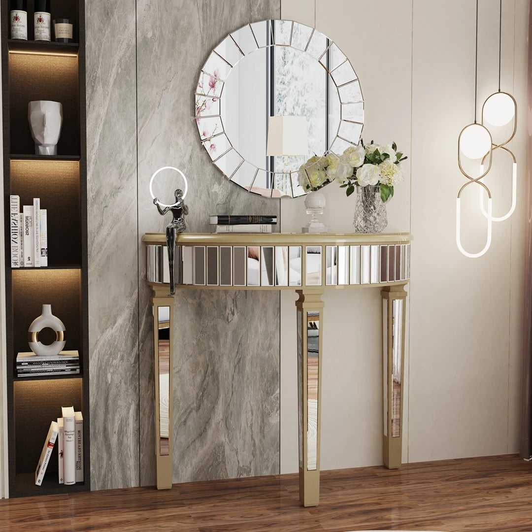 Modern Halfmoon Mirrored Console Table Silver Finish