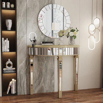 Modern Halfmoon Mirrored Console Table Silver Finish