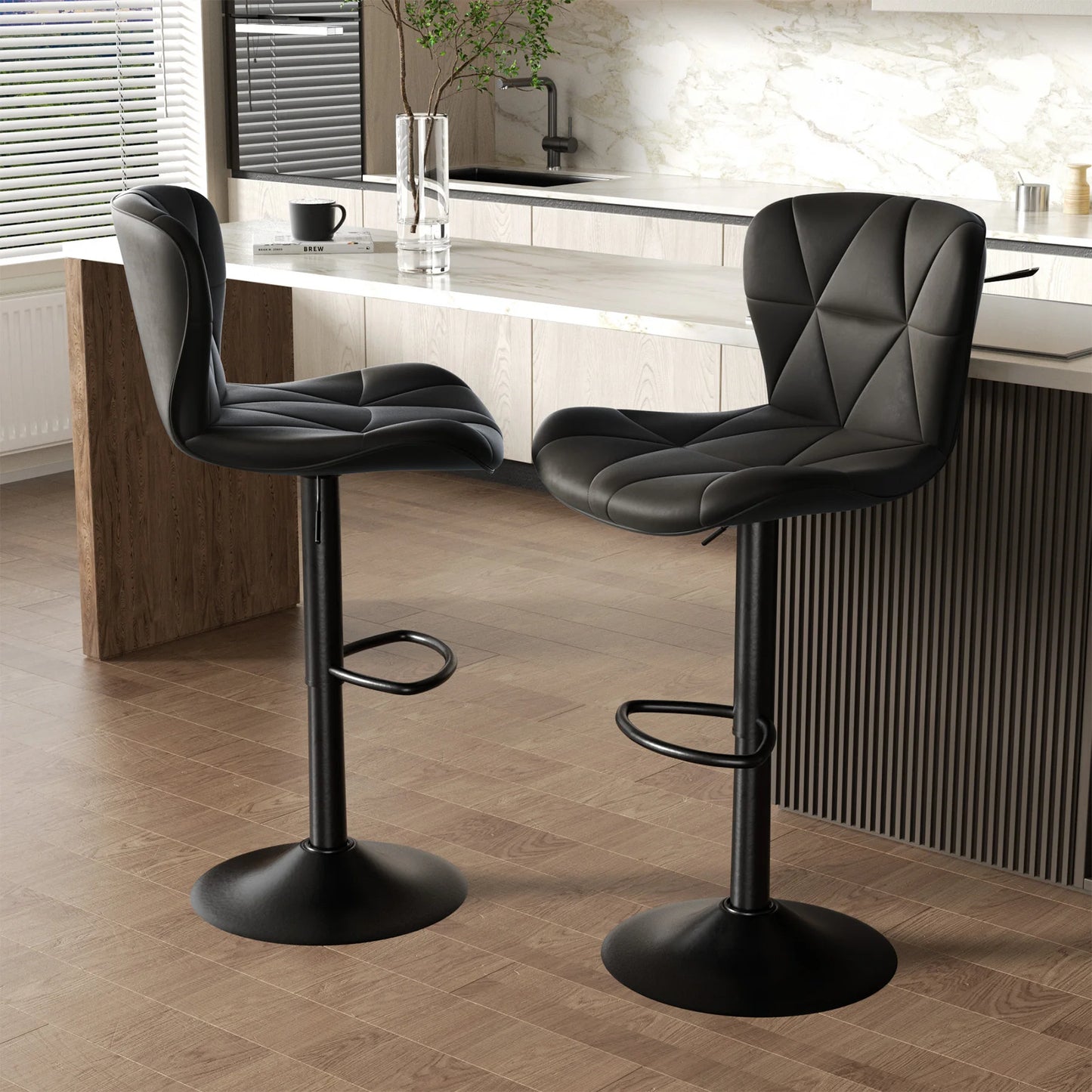 2 Pcs Bar Chair, 360 ° Rotation Adjustable Height, Faux Leather Upholstered with Backrest