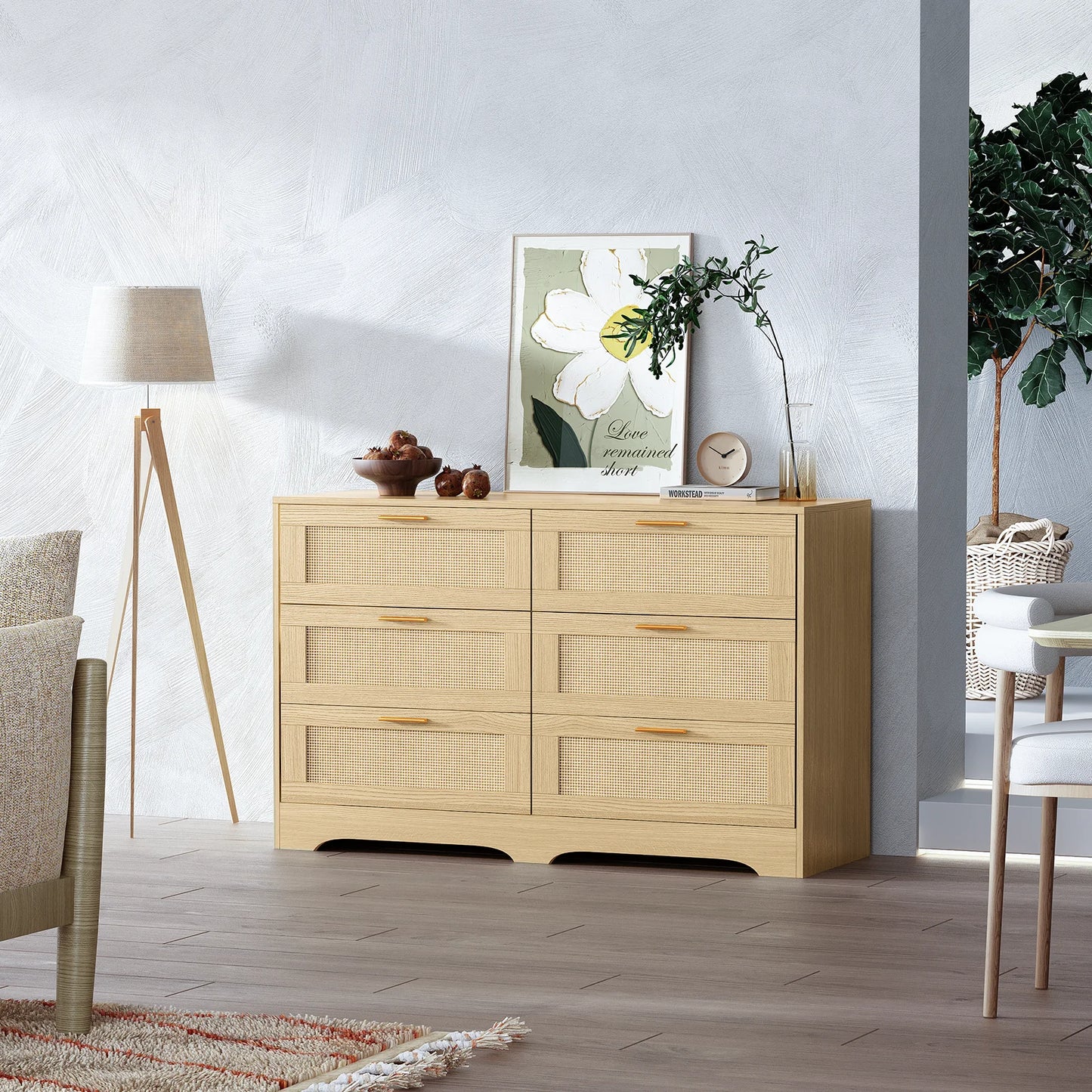 47.24" Rattan Dresser 6 Drawers Wood Storage Closet w/ Golden Handles