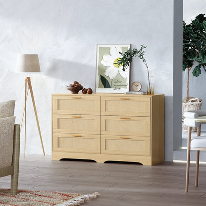 47.24" Rattan Dresser 6 Drawers Wood Storage Closet w/ Golden Handles