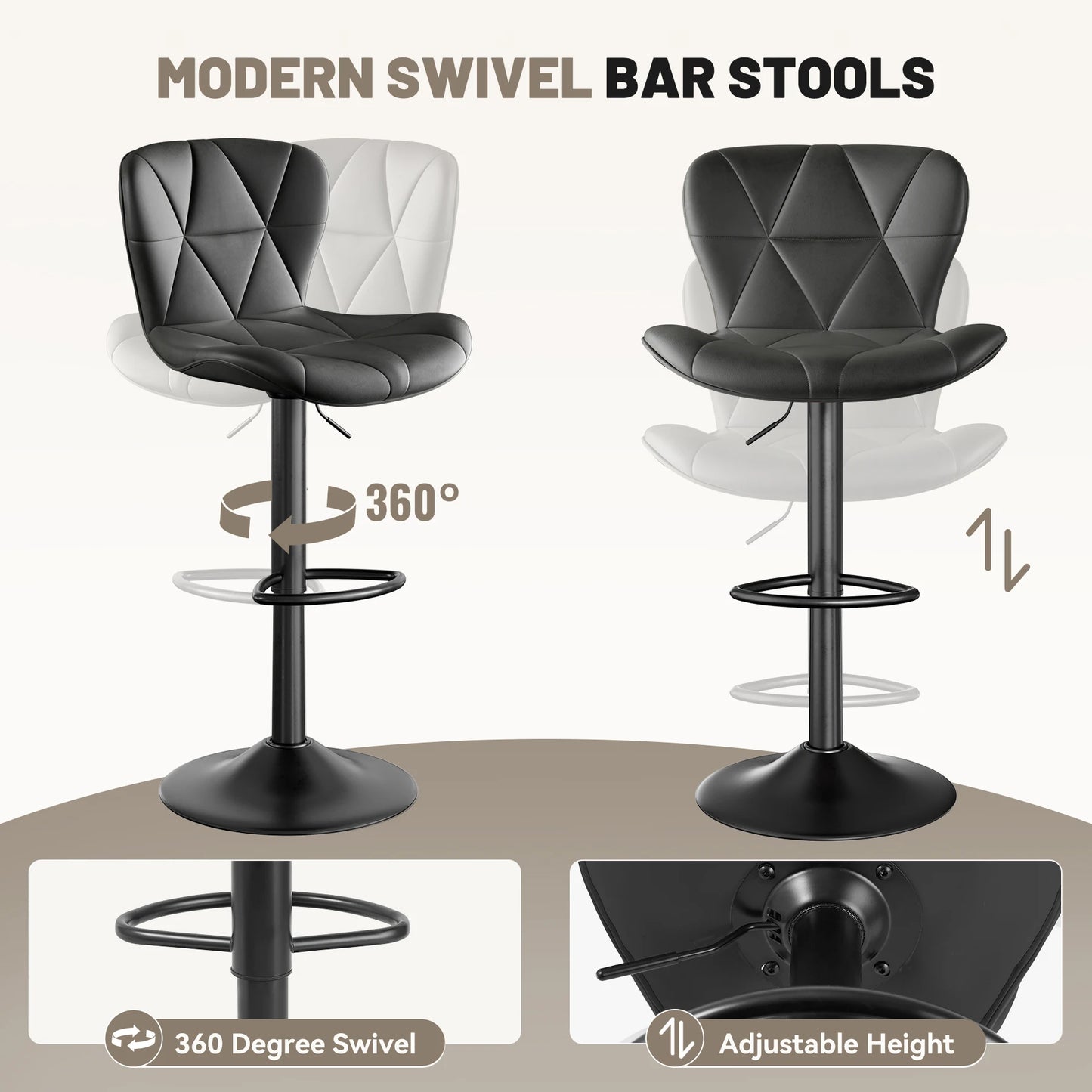 2 Pcs Bar Chair, 360 ° Rotation Adjustable Height, Faux Leather Upholstered with Backrest