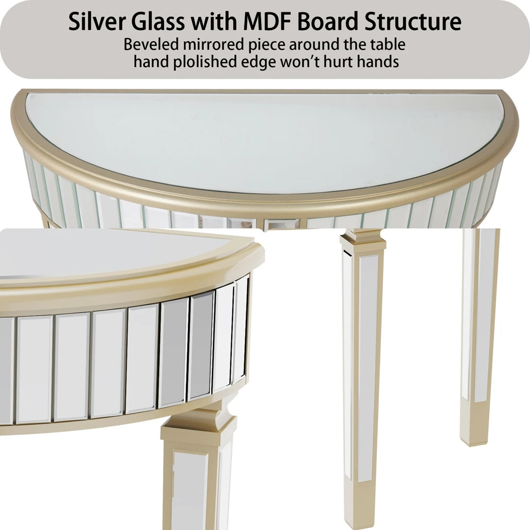 Modern Halfmoon Mirrored Console Table Silver Finish