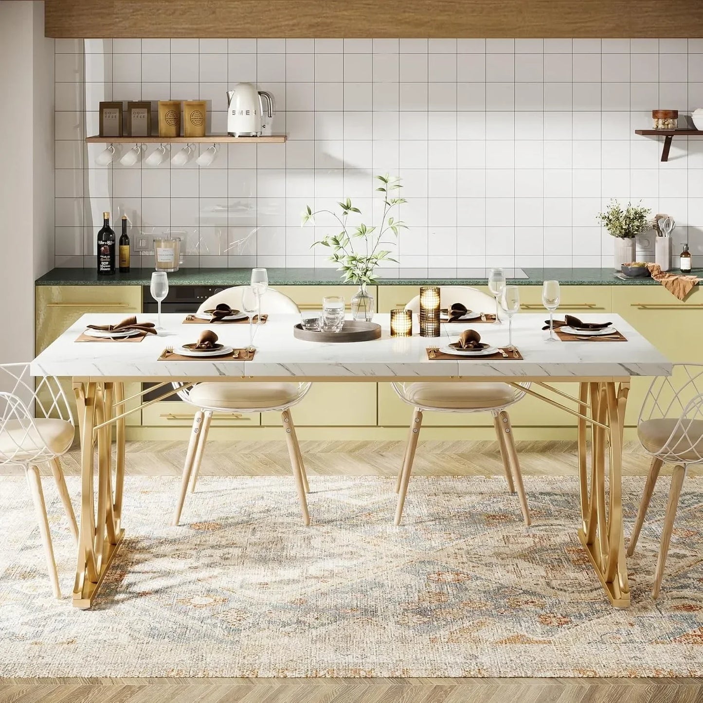Modern Dining Table, 63" Large Kitchen Table for 4-6 People, Unique Rectangular